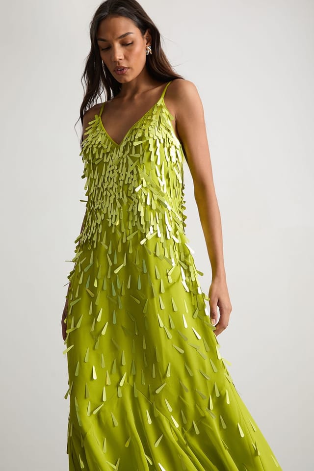 Warehouse Warehouse Women's Premium Teardrop Embellished Bias Cut Midi Dress in Chartreuse - 2