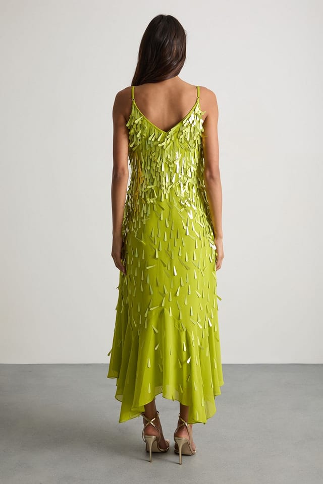 Warehouse Warehouse Women's Premium Teardrop Embellished Bias Cut Midi Dress in Chartreuse - 3