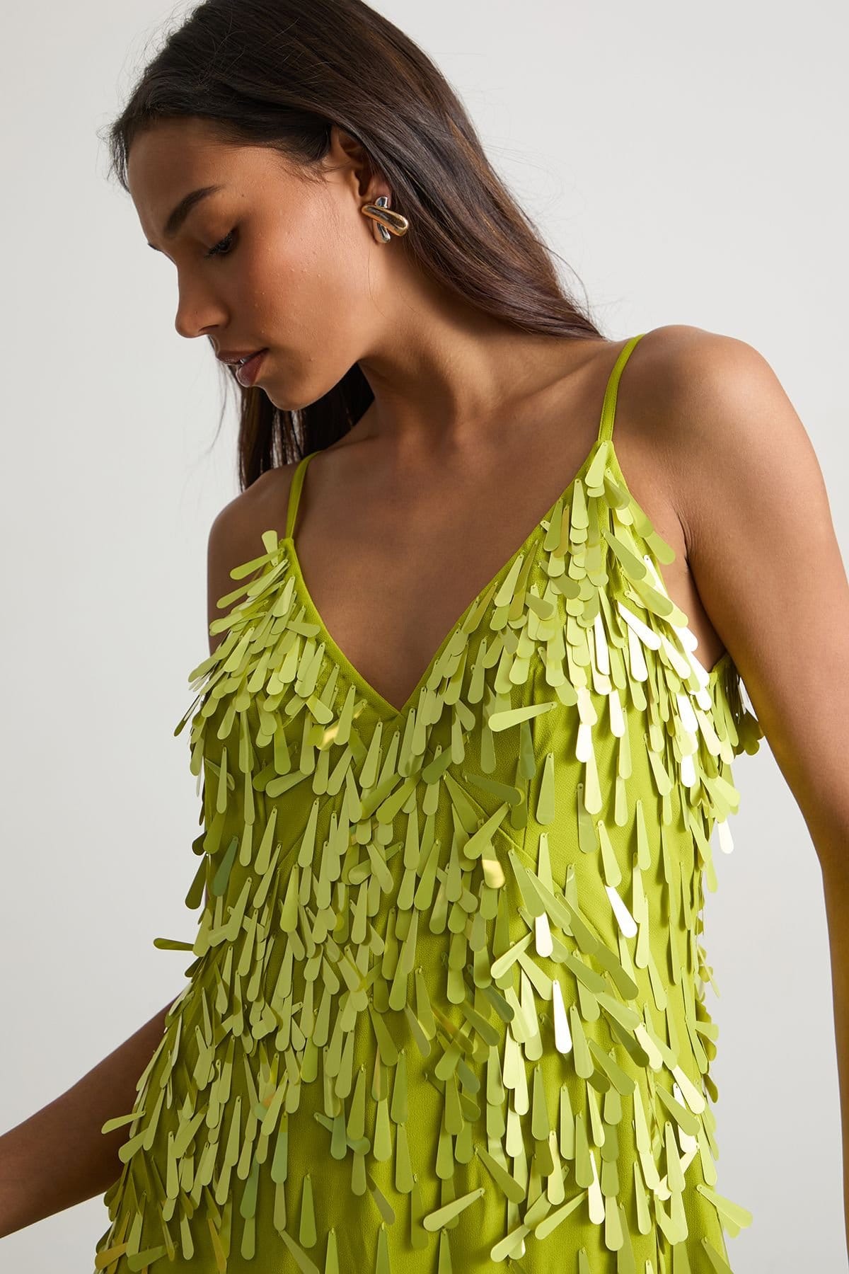 Warehouse Warehouse Women's Premium Teardrop Embellished Bias Cut Midi Dress in Chartreuse - 4