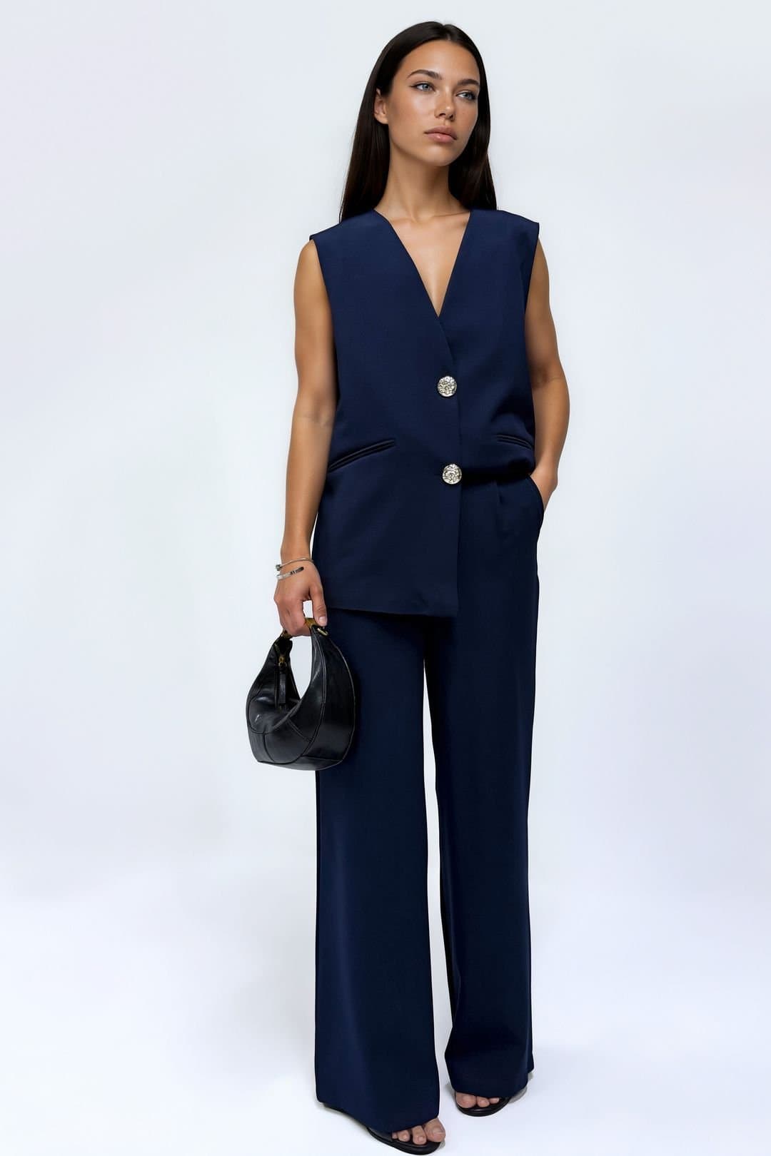 Big Dart Big Dart Women's Long V-Neck Buttoned Smart Waistcoat in Navy