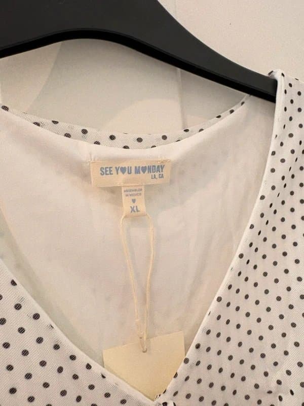 See You Monday See You Monday BNWT white black polka dot top long sleeve flare sleeve top blouse sheer v neck
