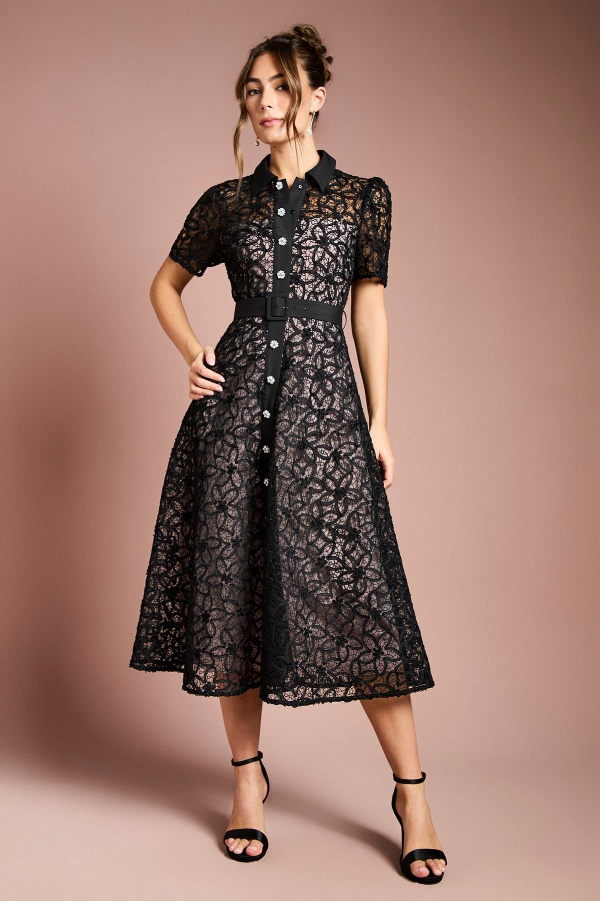 Coast Coast Women's Floral Lace Collared Midi Dress in Black