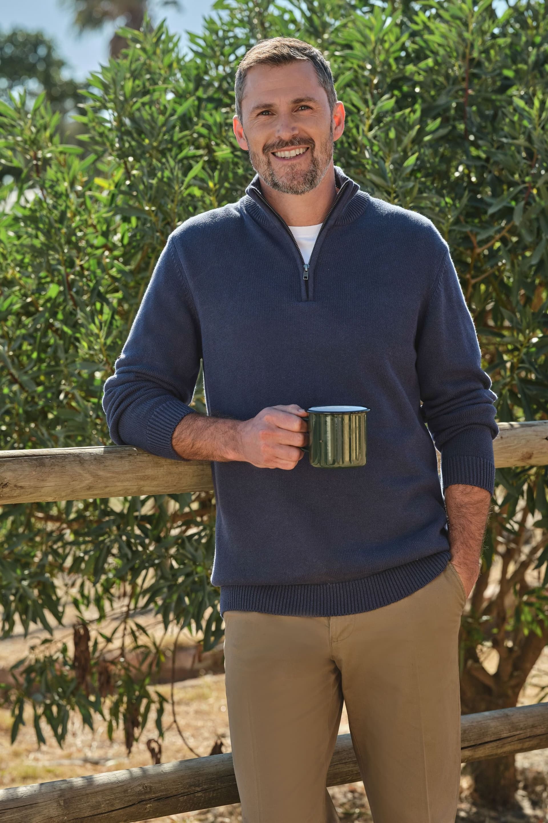 WoolOvers WoolOvers Men's Essential Cotton Zip Neck Jumper in Navy