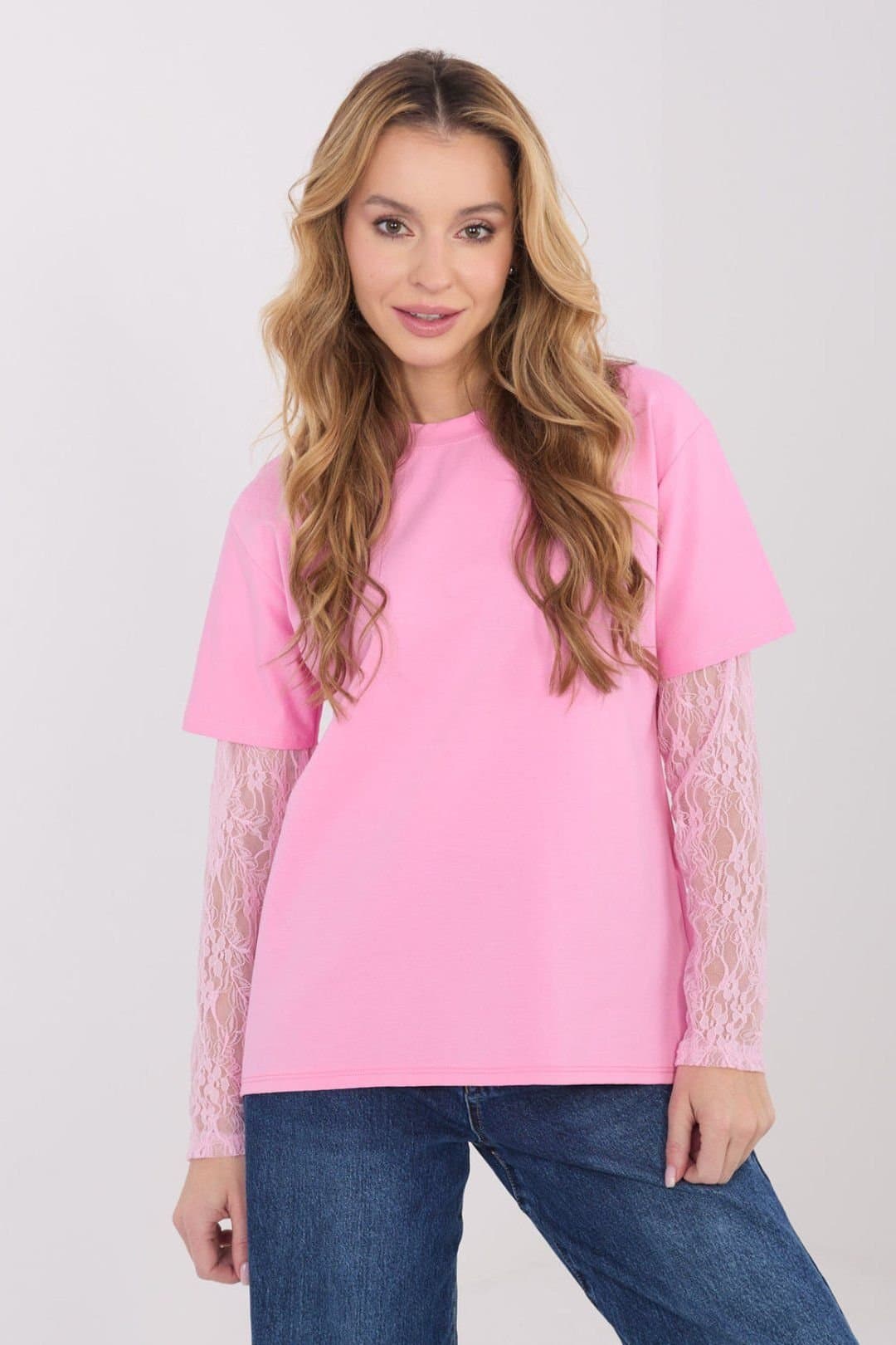 Love Lace Love Lace Women's Casual Cotton Blend Blouse with Lace Sleeves in Pink