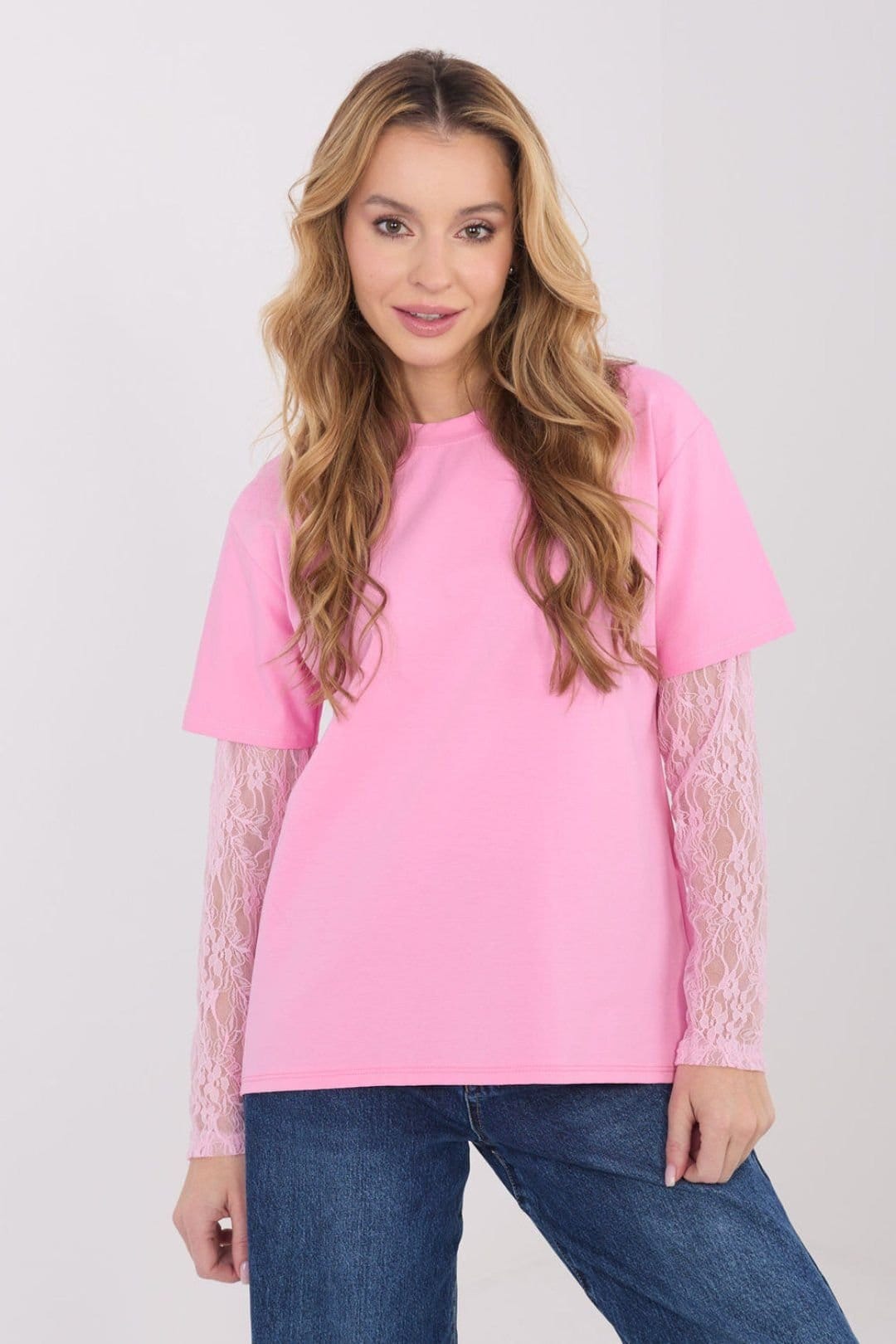 Love Lace Pink Cotton Blend Lace Sleeve Blouse