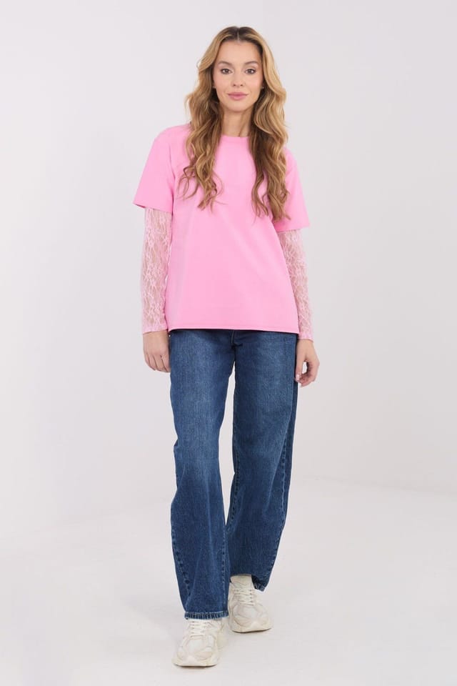 Love Lace Love Lace Women's Casual Cotton Blend Blouse with Lace Sleeves in Pink - 2