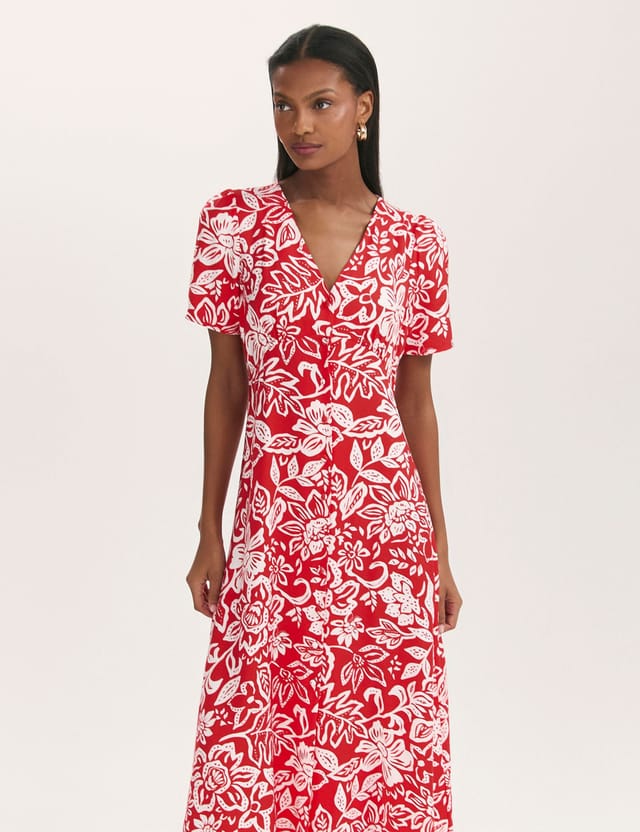 Finery London Finery London Women's Martina Floral Button Through Midi Dress in Scarlet - 2