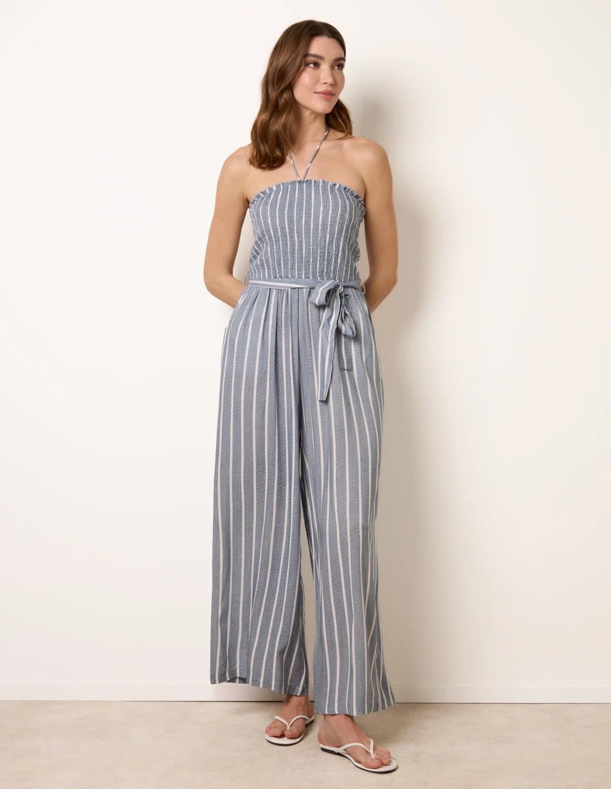Blue Vanilla Bardot Tie Neck Pinstripe Jumpsuit
