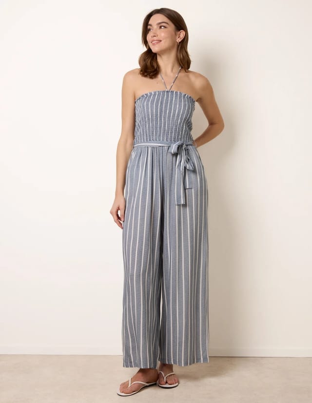 Blue Vanilla Bardot Tie Neck Pinstripe Jumpsuit - 2