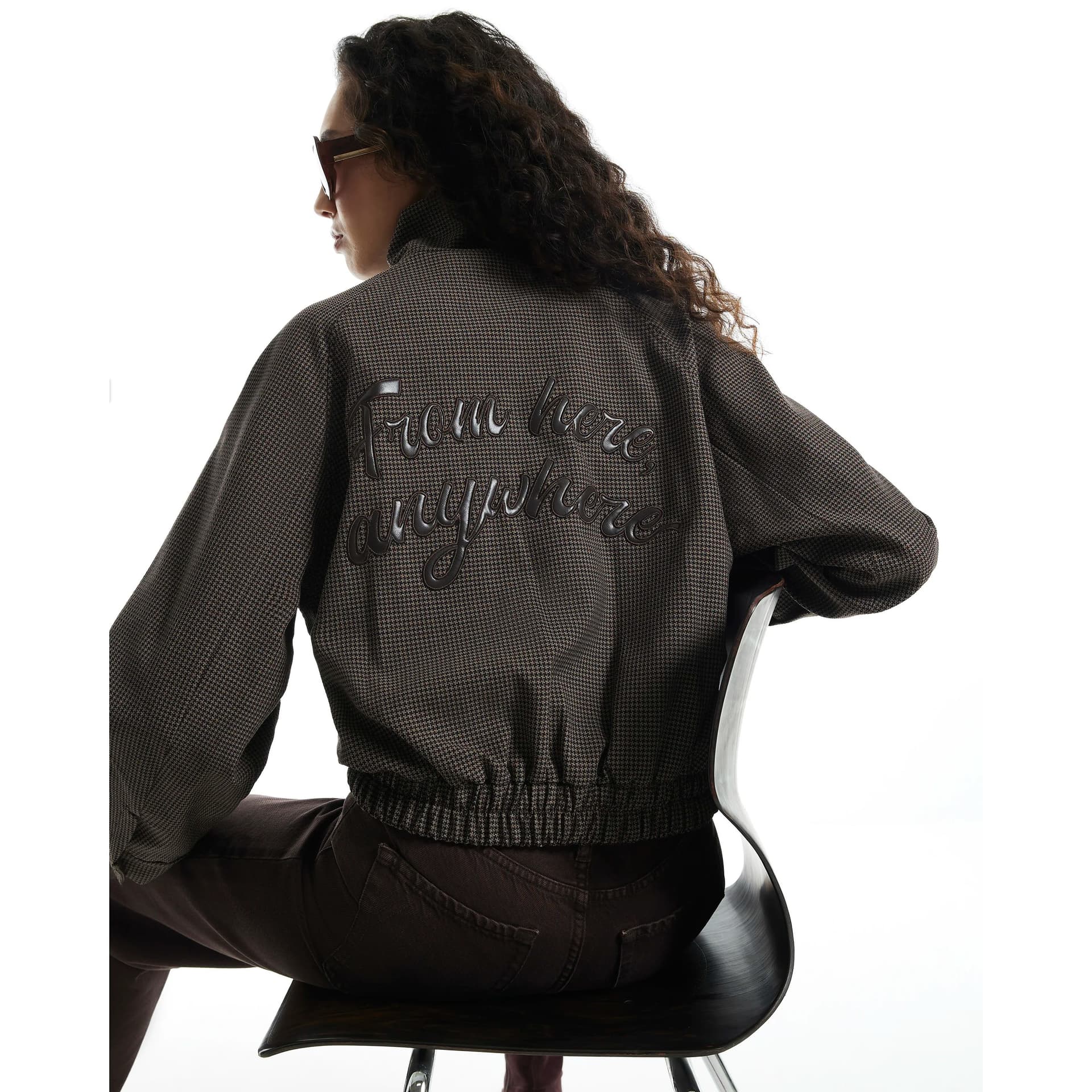 River Island River Island Womens Brown Slogan Check Bomber Jacket