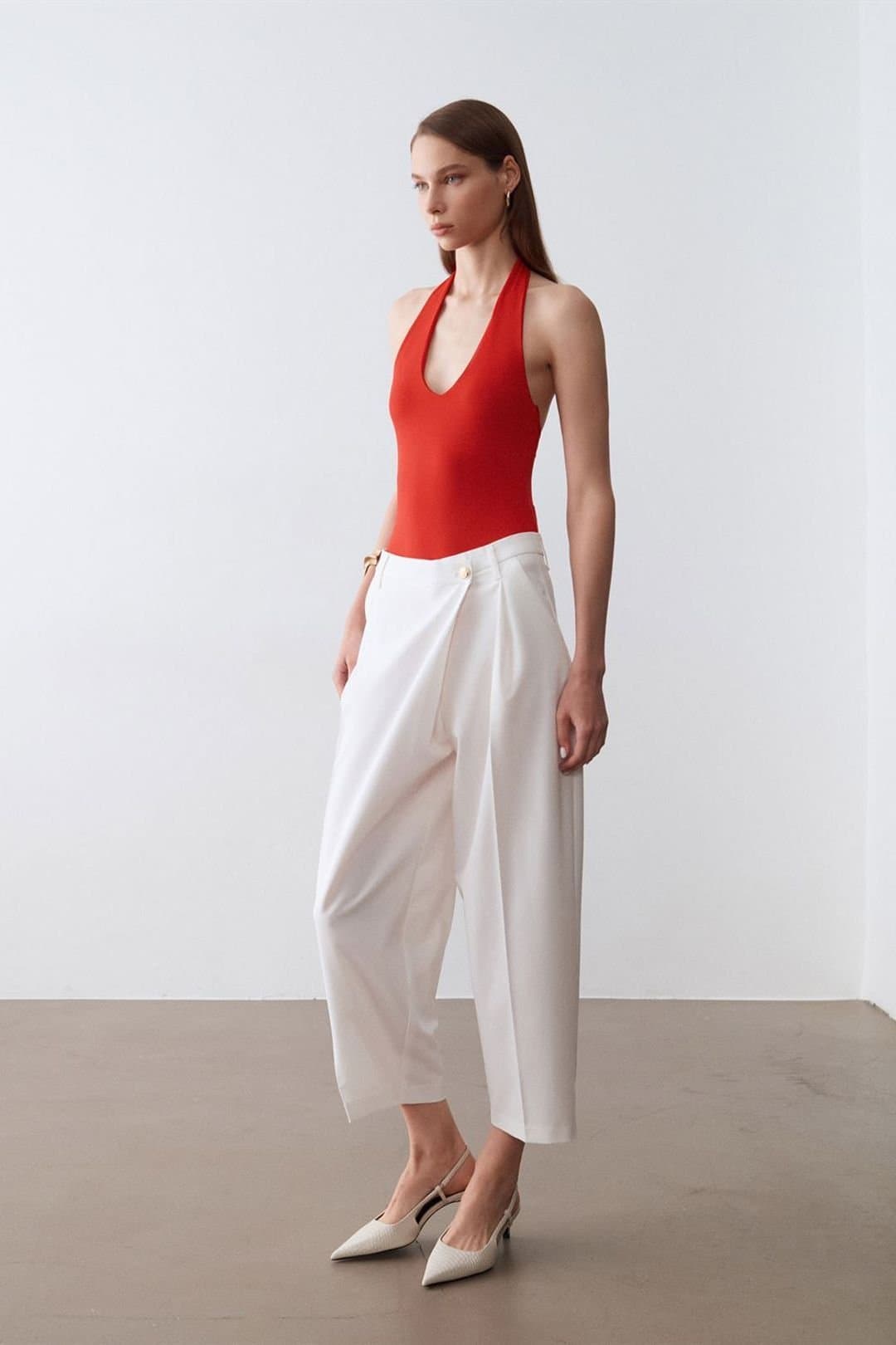 Dilvin Dilvin Women's High-Waist Wide-Leg Crepe Trousers in White