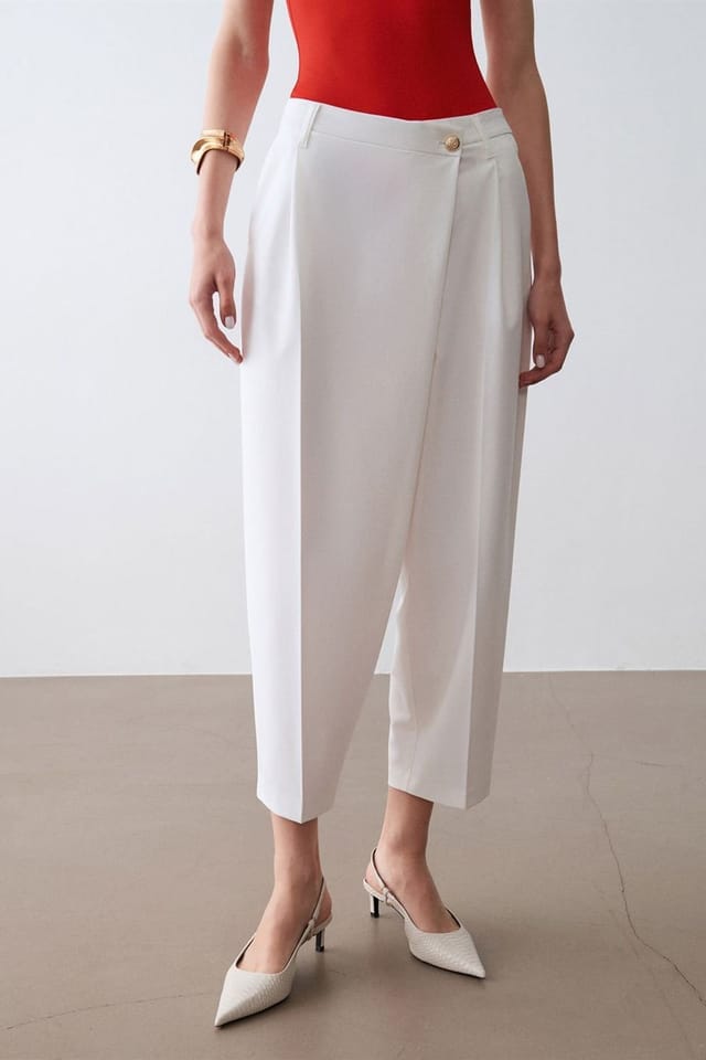 Dilvin Dilvin Women's High-Waist Wide-Leg Crepe Trousers in White - 3