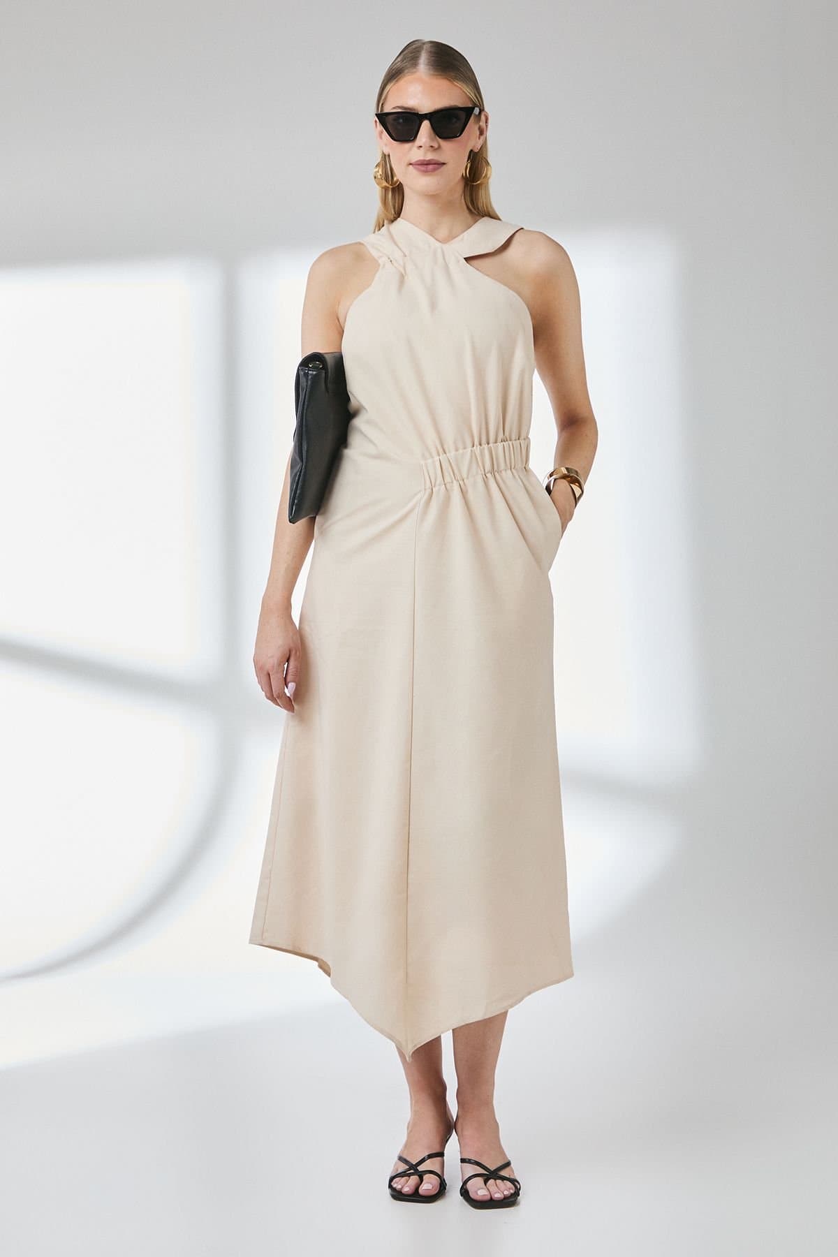 Principles Principles Women's Sand Linen Asymmetric Hem Halter Midaxi Dress