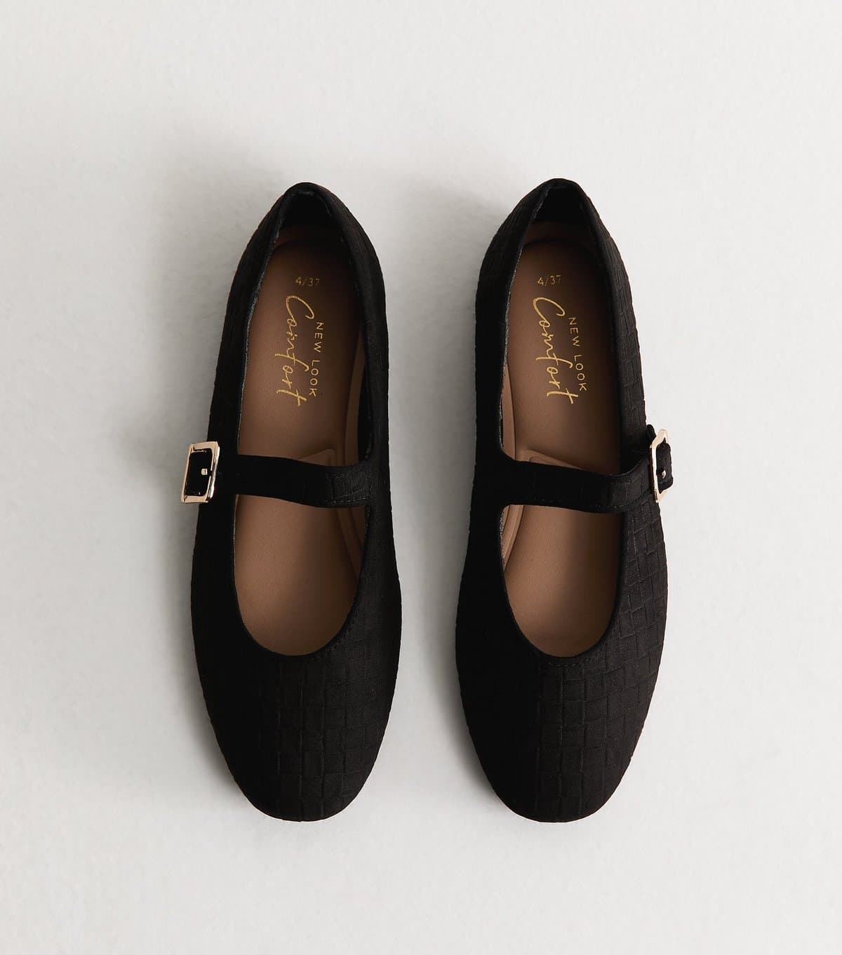 New Look Women's Black Textured Faux Suede Buckled Mary Jane Flats Vegan New Look