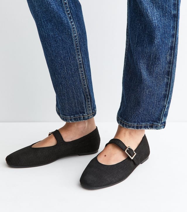 New Look Women's Black Textured Faux Suede Buckled Mary Jane Flats Vegan New Look - 2