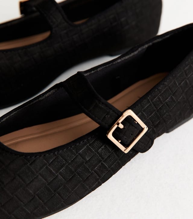 New Look Women's Black Textured Faux Suede Buckled Mary Jane Flats Vegan New Look - 3