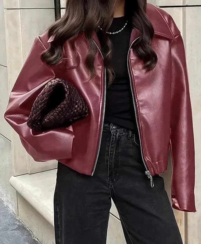 Bershka Burgundy Oversized Faux Leather Jacket