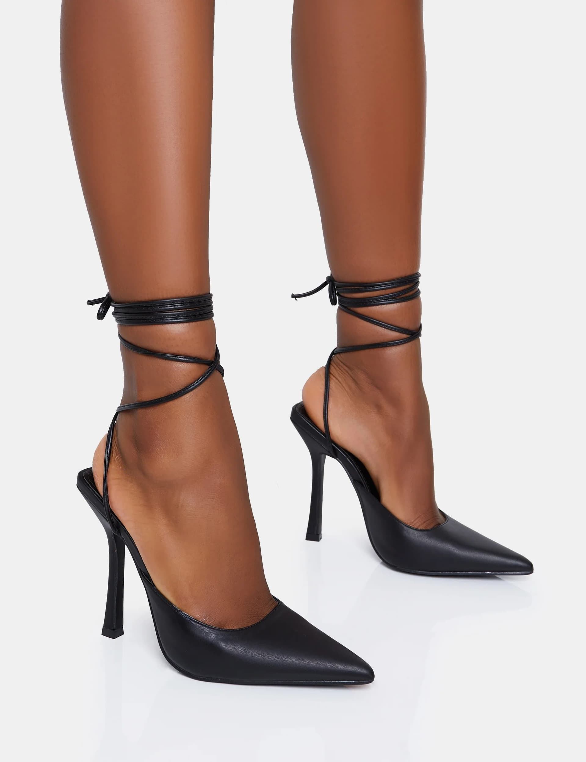 Public Desire Public Desire UK Black PU Slingback Lace-Up Pointed Toe Stiletto