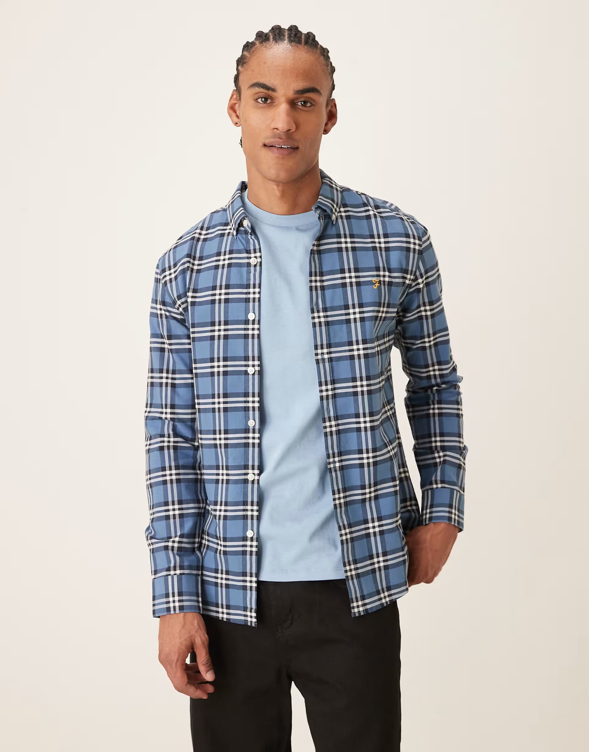 ASOS Farah Brewer long sleeve logo shirt in blue check