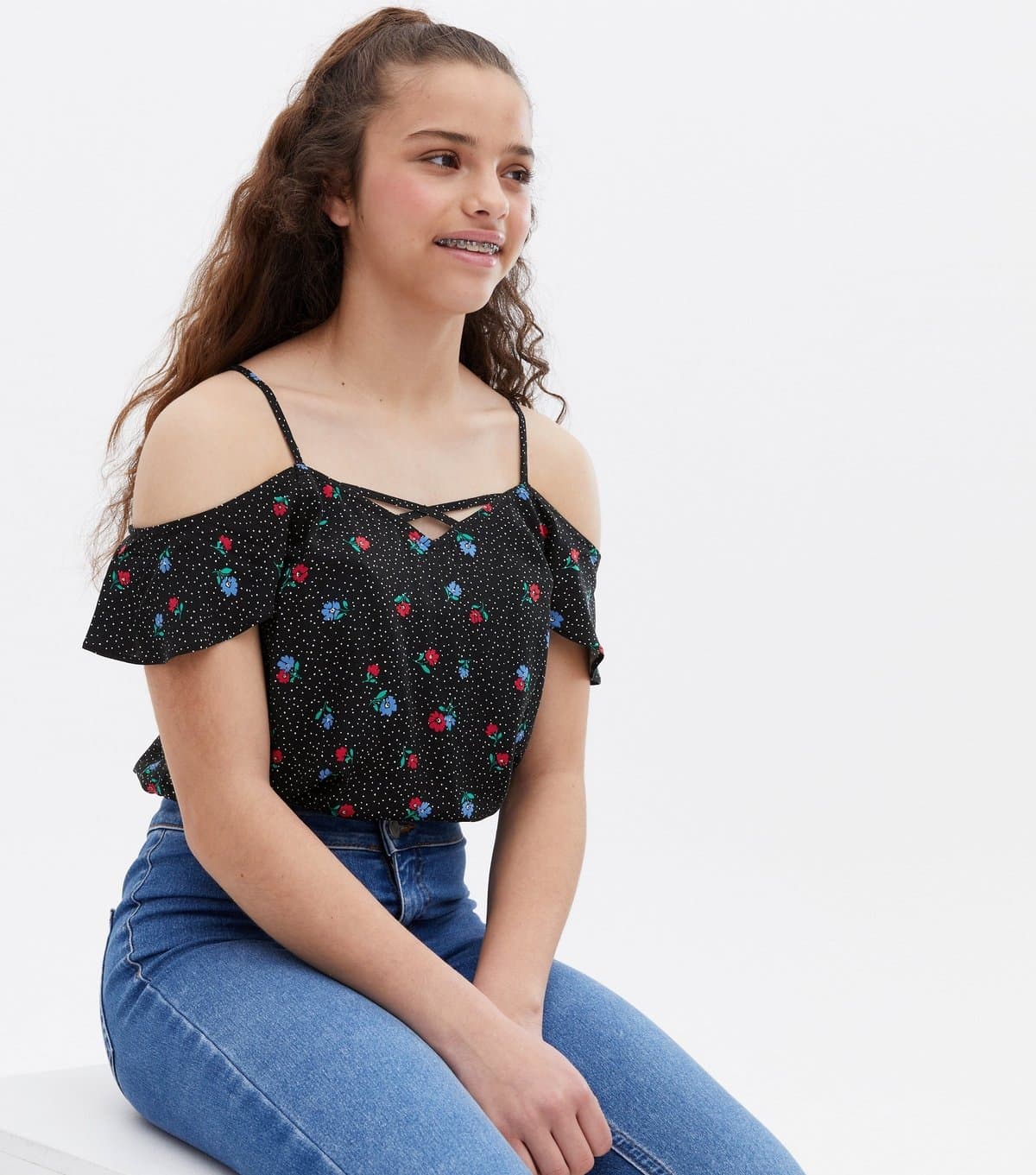 New Look Girls' Black Floral Spot Lattice Cold Shoulder Top New Look