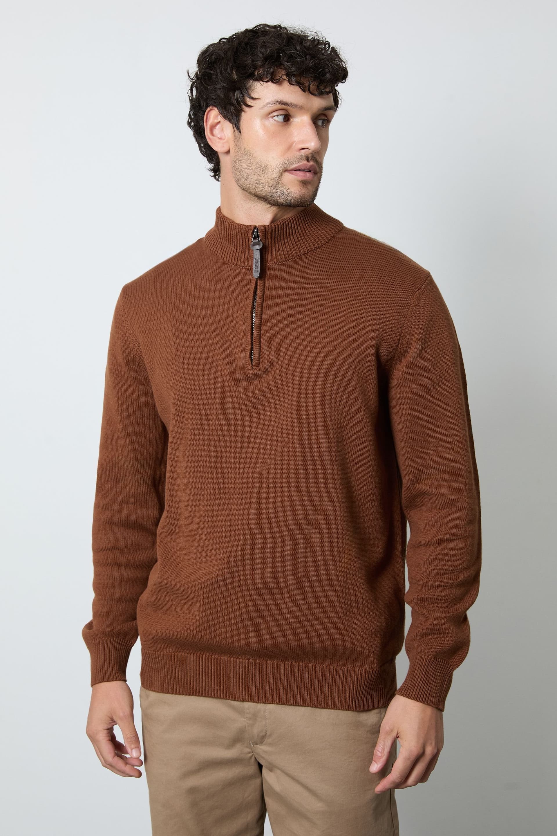 Maine Maine Men's Rust Premium Pure Cotton Half Zip Funnel Jumper in Orange