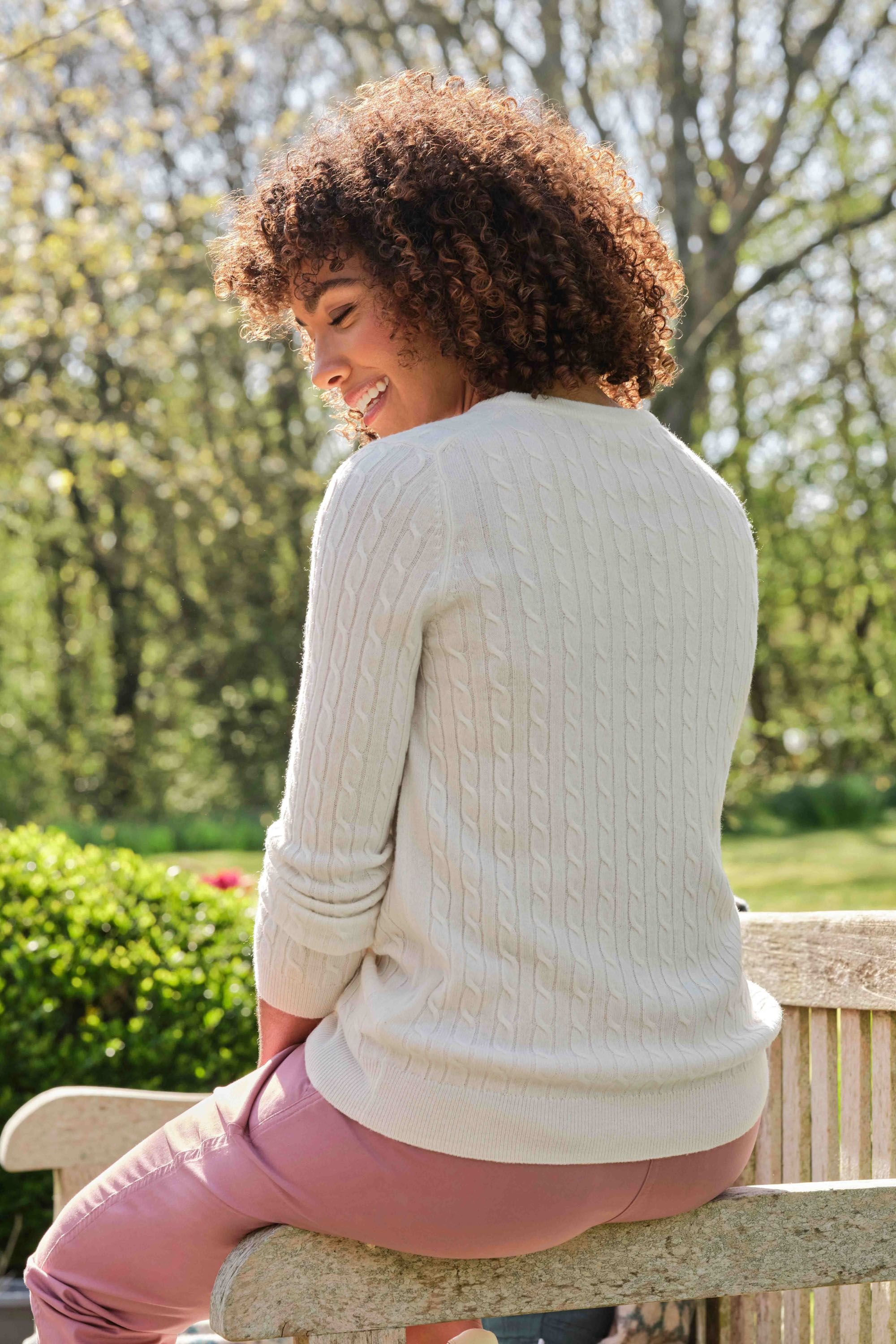 WoolOvers WoolOvers Women's Cashmere Merino Cable Crew Neck Jumper in Cream - 2