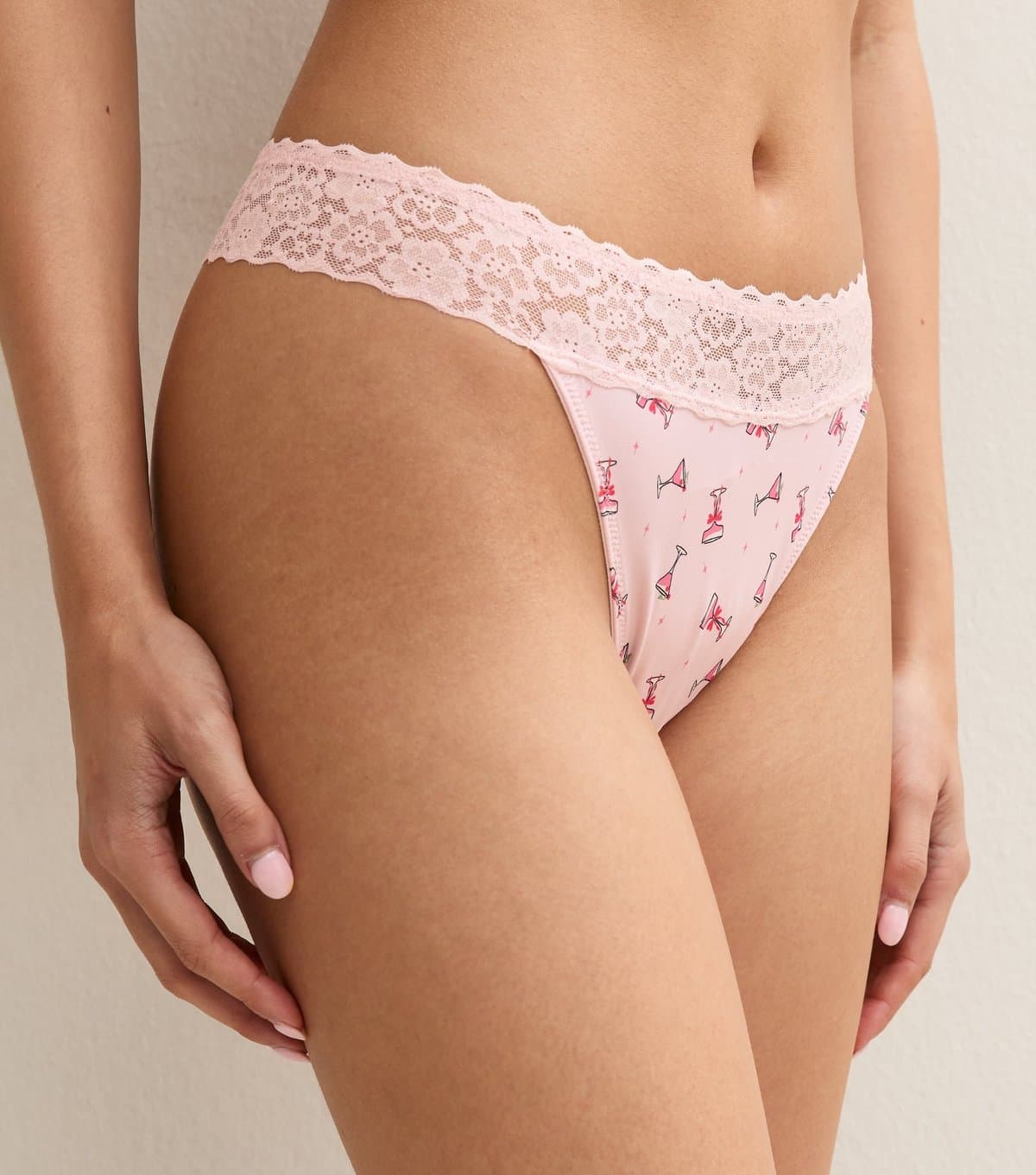 New Look Women's Pink Christmas Cocktail Print Lace Trim Thong New Look