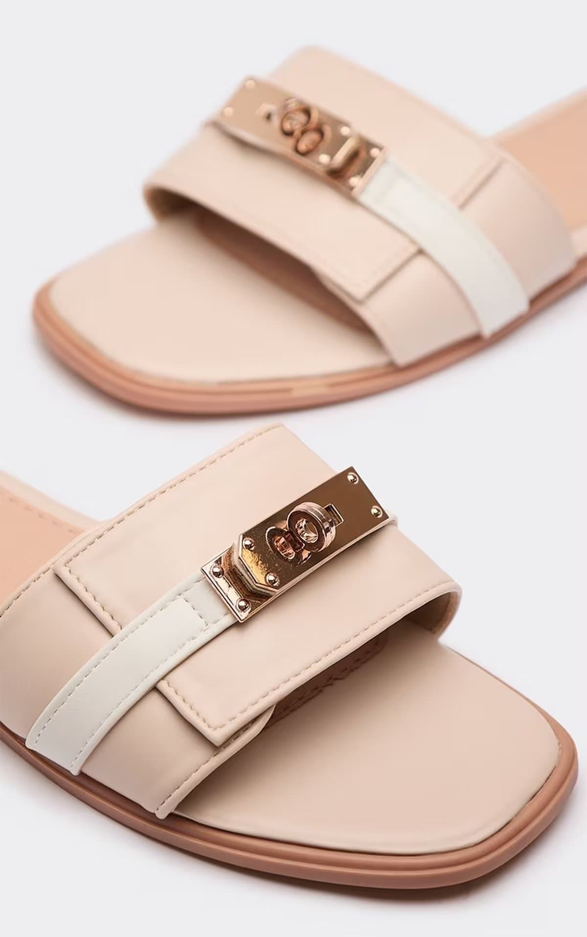 EGO EGO Beige Faux Leather Lock Detail Flat Slider Sandal