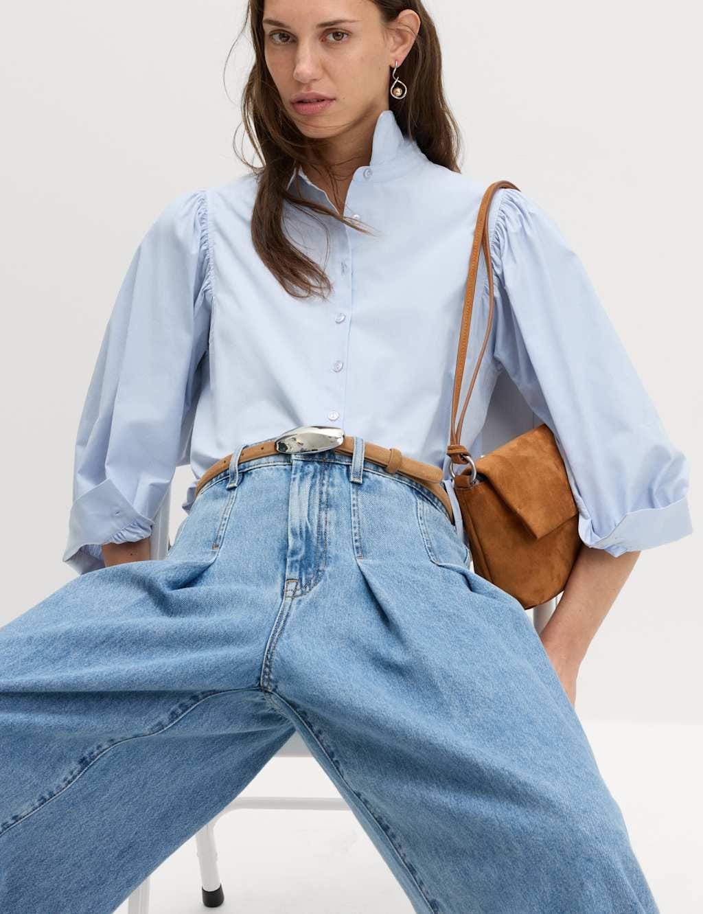 M&S Faded Blue Cotton Blouson Sleeve Shirt