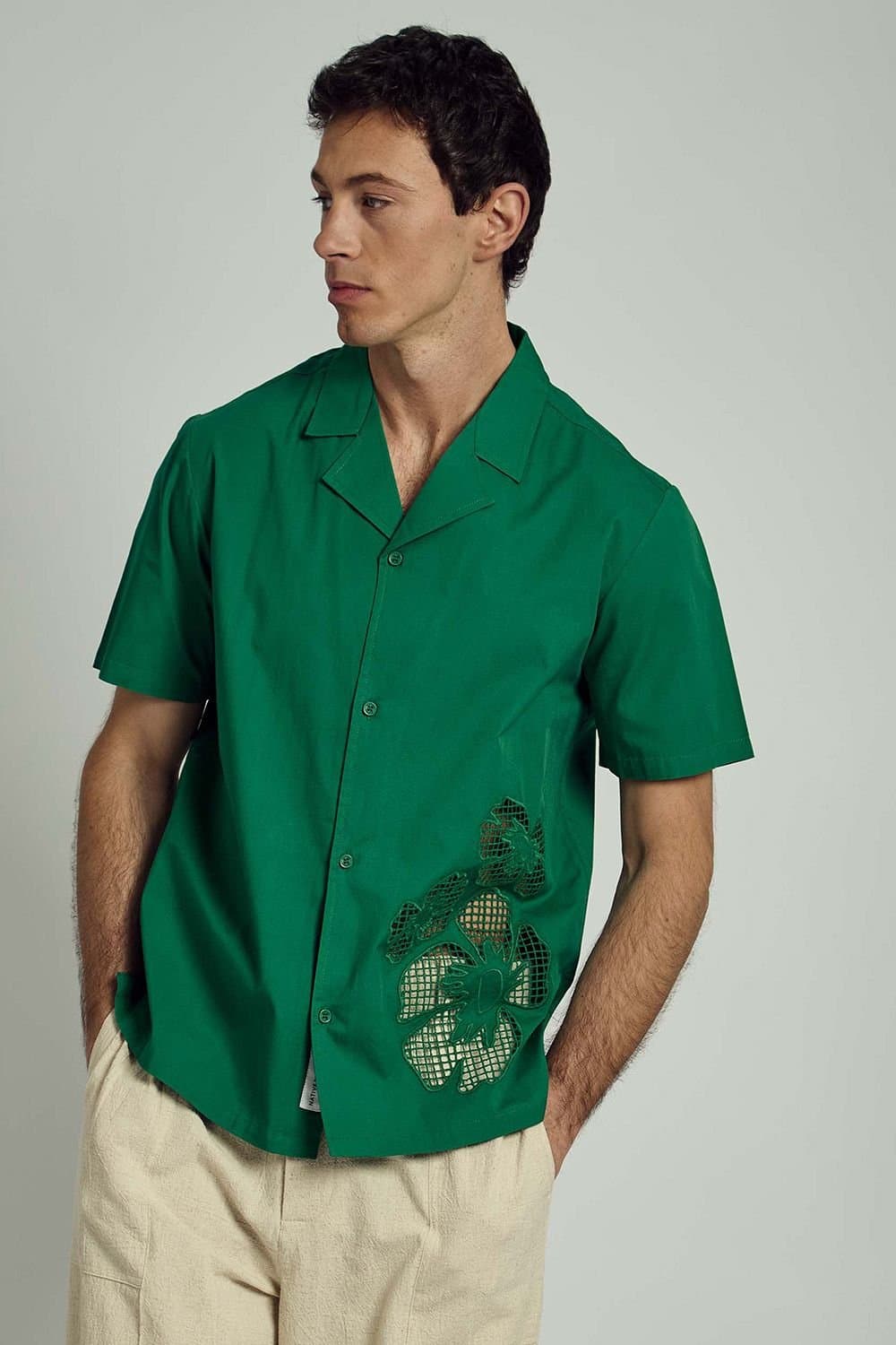Native Youth Native Youth Men's Cotton Short Sleeve Floral Broderie Shirt in Green
