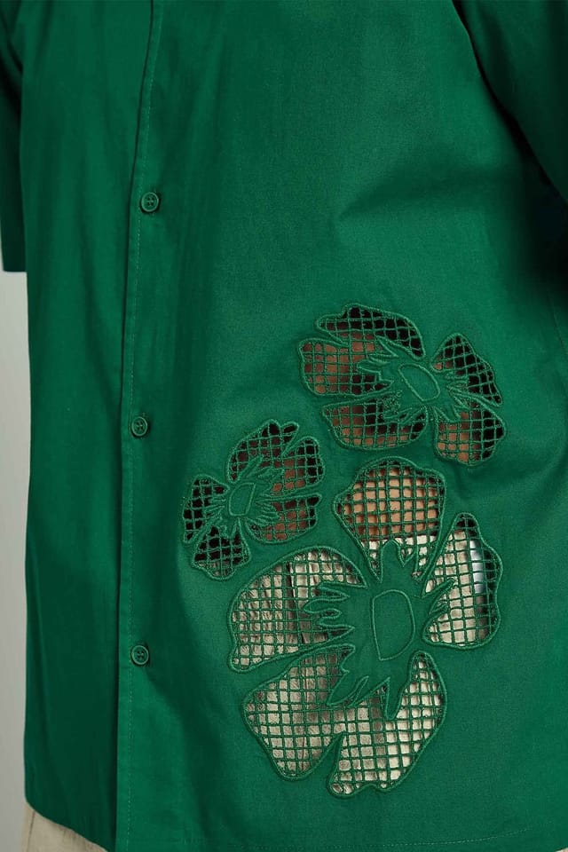 Native Youth Native Youth Men's Cotton Short Sleeve Floral Broderie Shirt in Green - 3