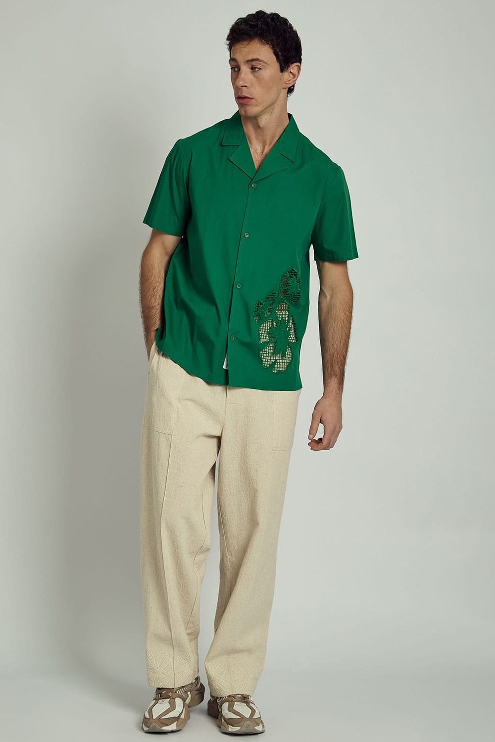 Native Youth Native Youth Men's Cotton Short Sleeve Floral Broderie Shirt in Green - 4