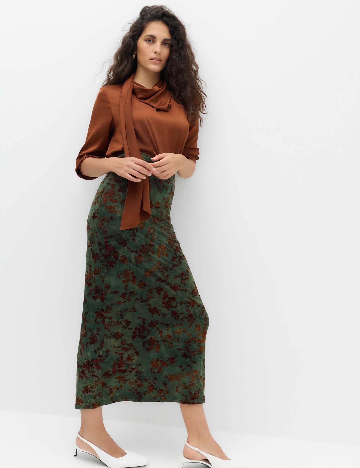 Marks & Spencer M&S Floral Midaxi Column Skirt With Stretch Green Mix