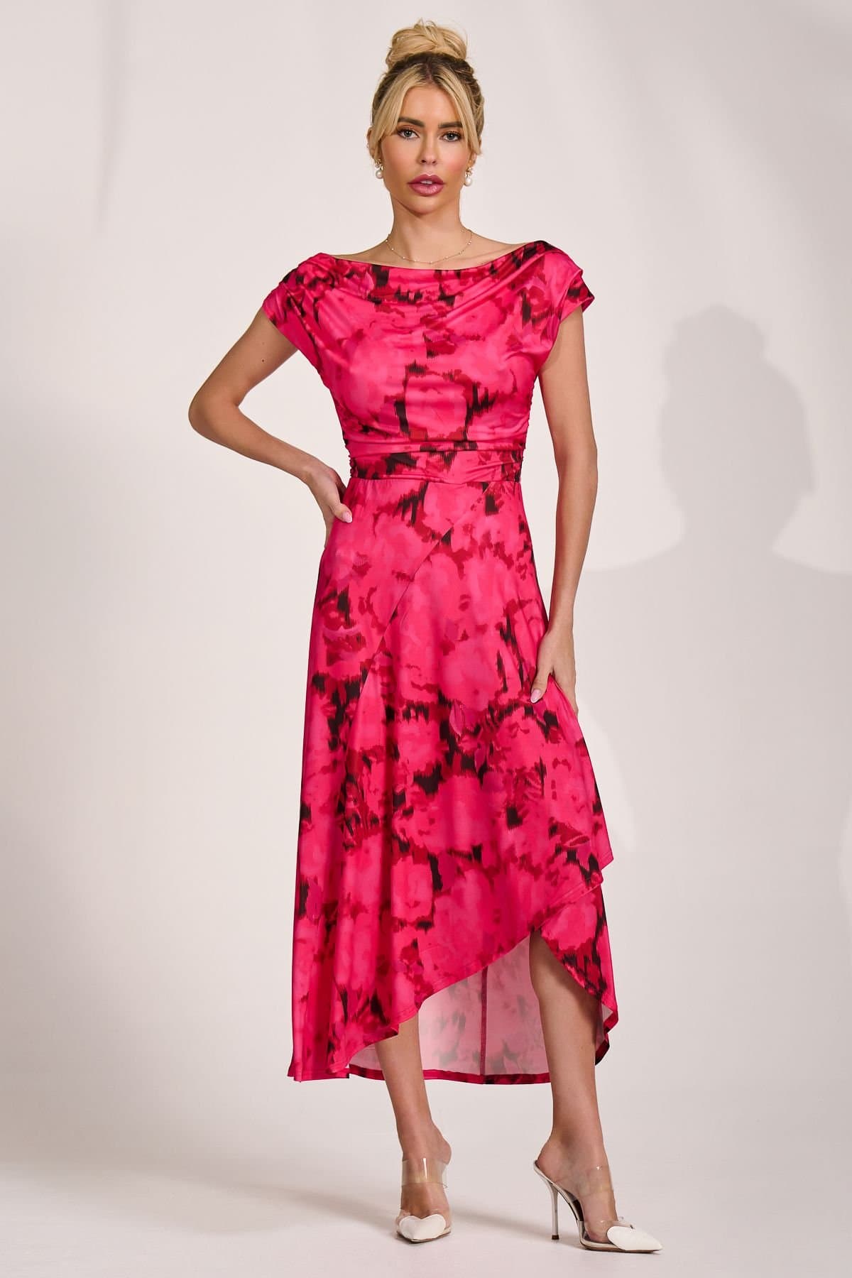 Jolie Moi Jolie Moi Women's Draped Asymmetric Jersey Midi dress in Pink