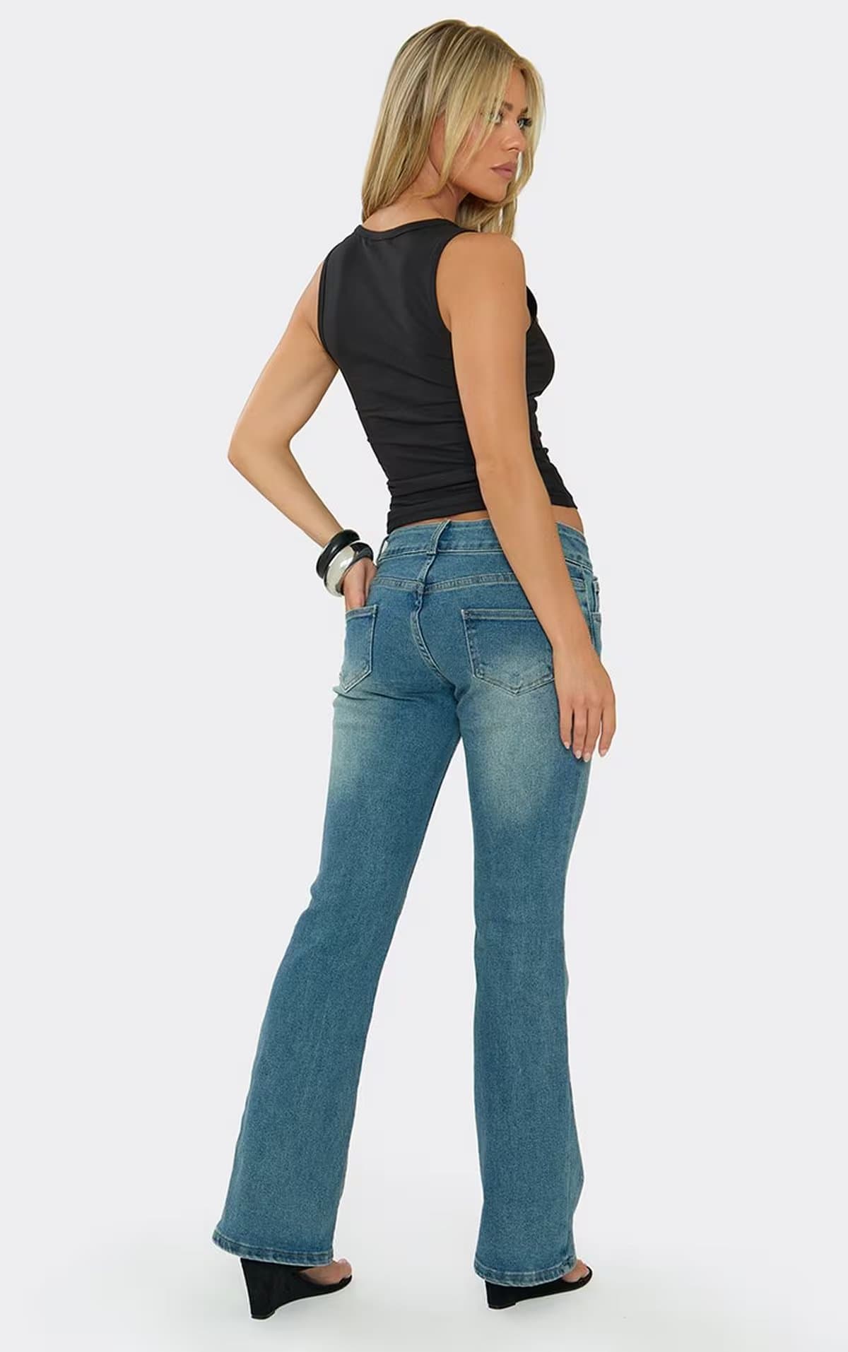 EGO Low Rise Double Button Detail Flared Jeans In Mid Blue Denim, Women's Size UK 6