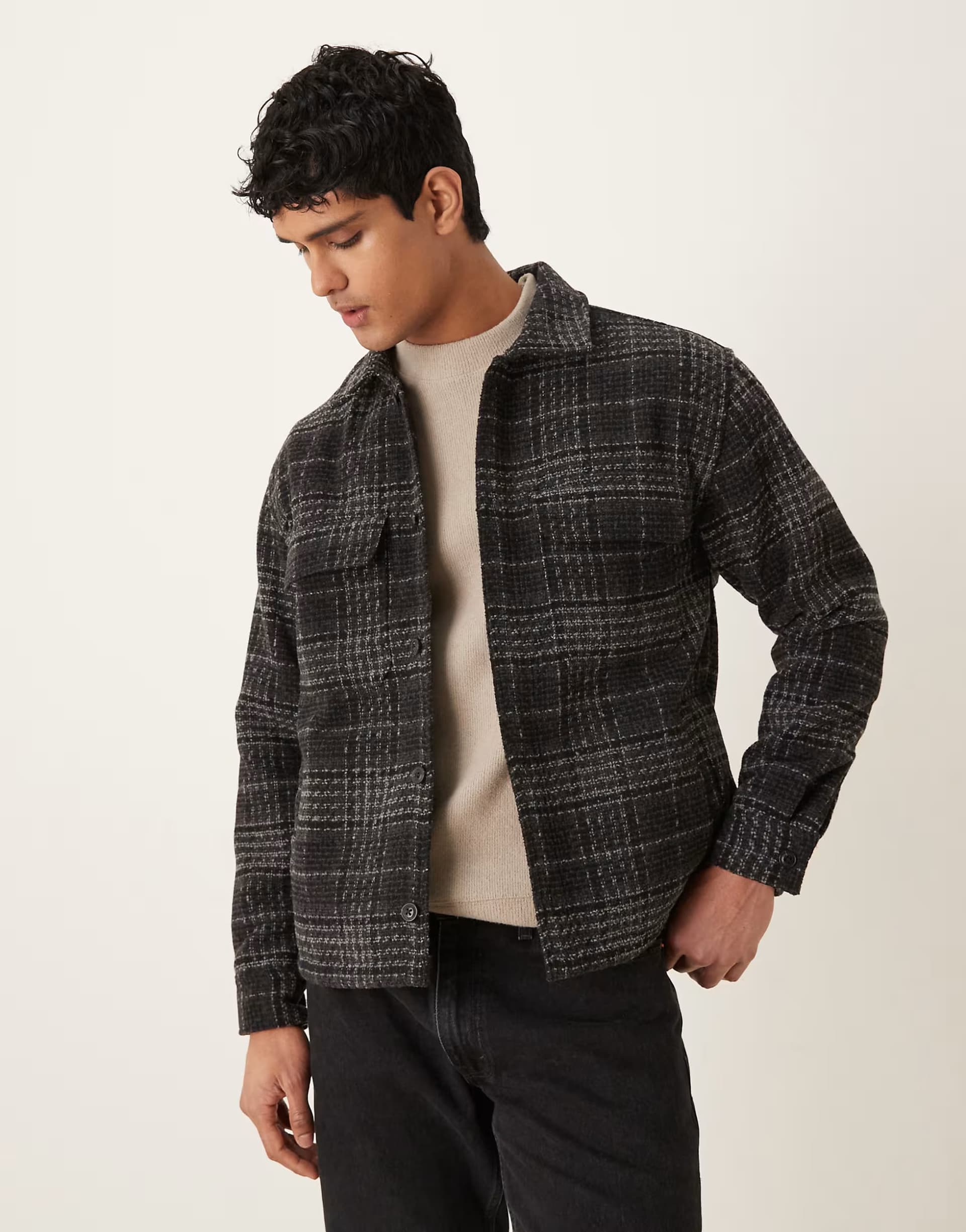 ASOS Abercrombie & Fitch relaxed boucle shirt jacket in black plaid