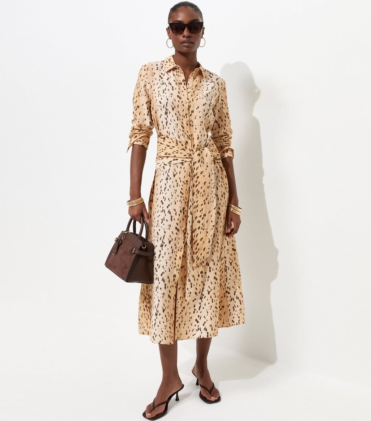 New Look Brown Animal Print Long Sleeve Midi Shirt Dress