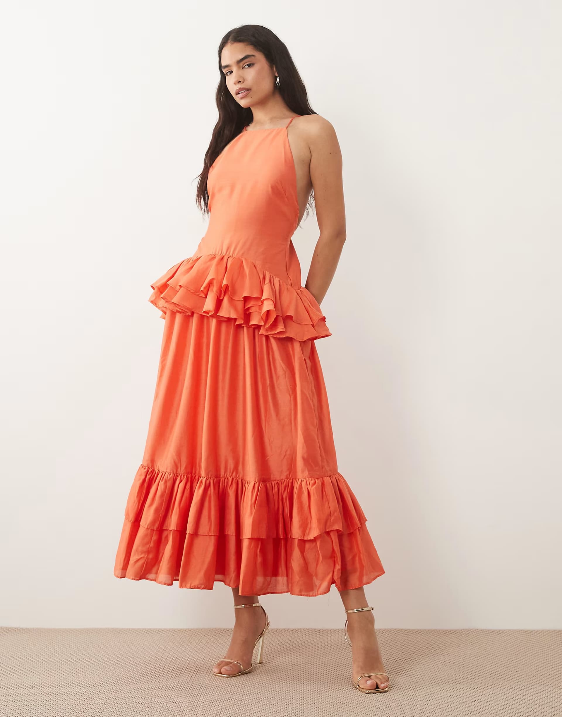 ASOS ASOS DESIGN pinny double layer maxi dress with ruffle detail in coral