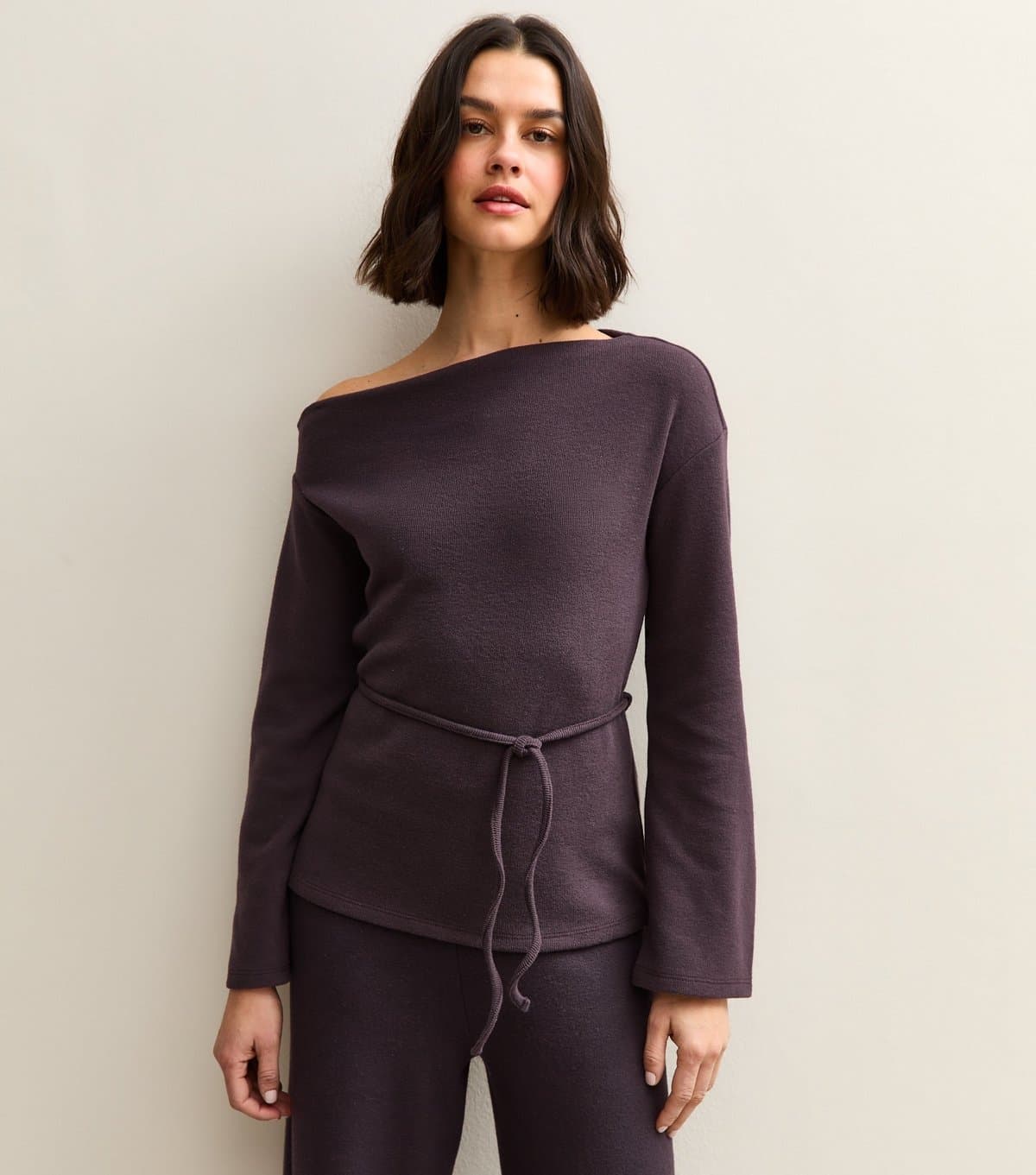 New Look Women's Dark Purple Soft Touch Asymmetrical Slash Neck Tie Top New Look