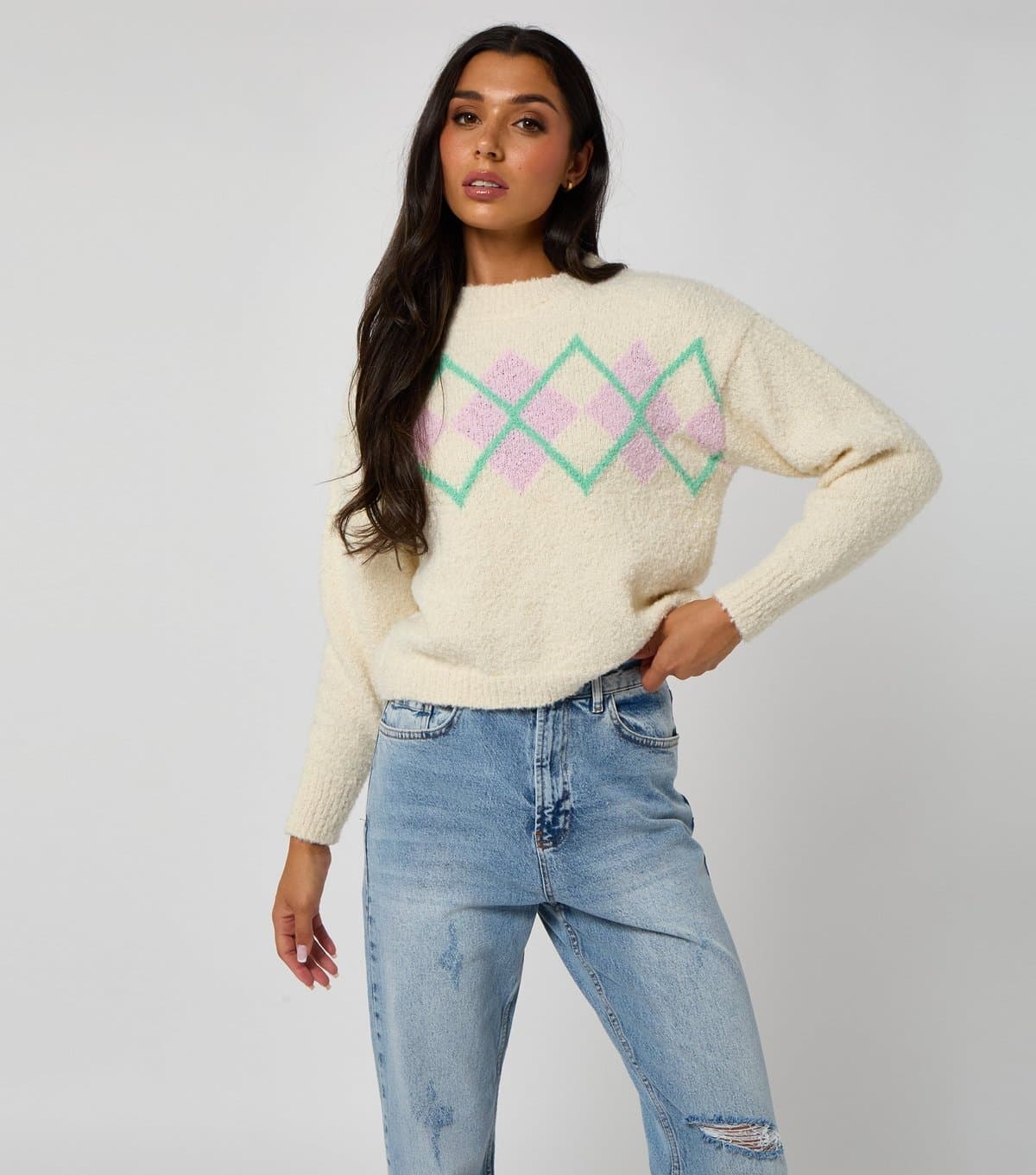 Urban Bliss Women's Cream Boucle Argyle Knit Jumper Urban Bliss New Look