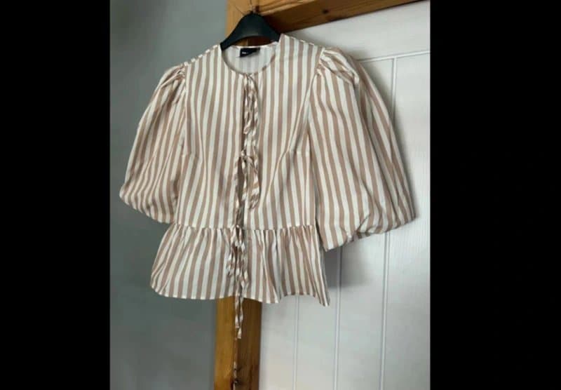 ASOS New ASOS neutral stripe cotton puff sleeve tie front blouse top XS