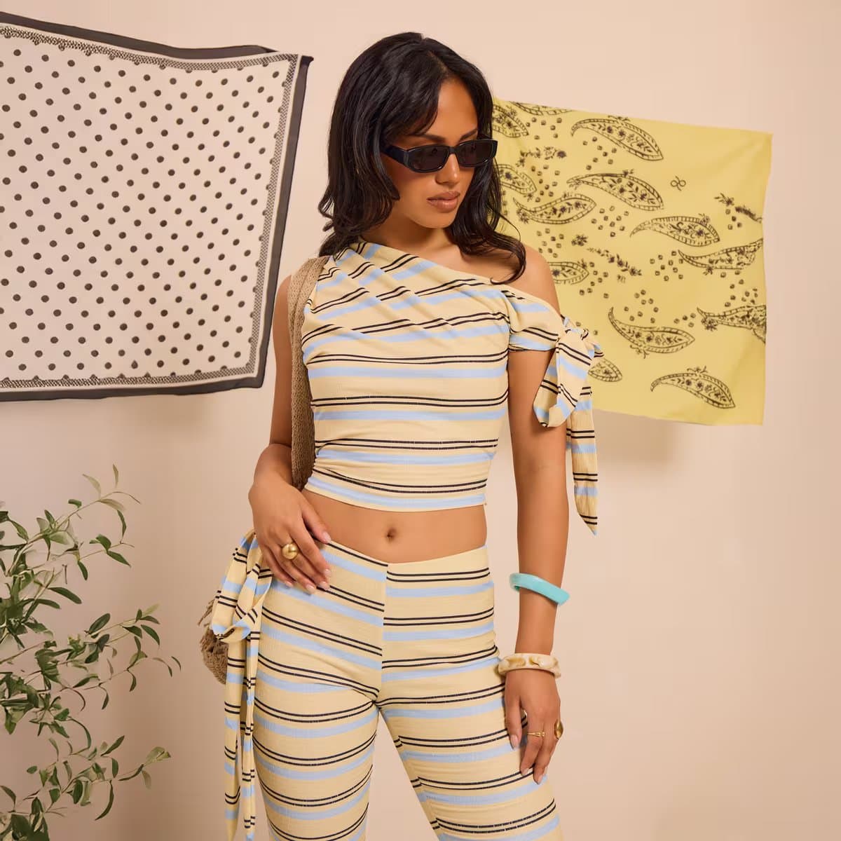 EGO Off The Shoulder Tie Detail Top In Lemon Stripe, Women's Size UK 6