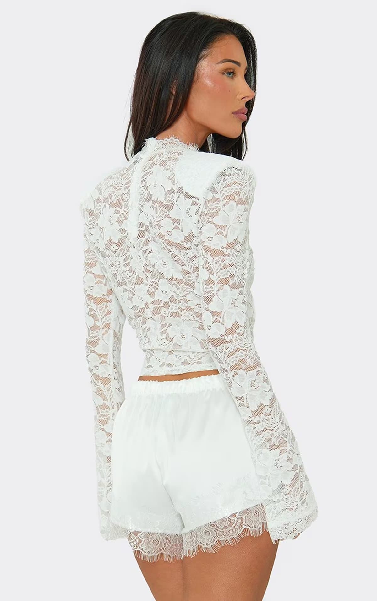 EGO Long Sleeve High Neck Shoulder Pad Top In White Lace, Women's Size UK 6