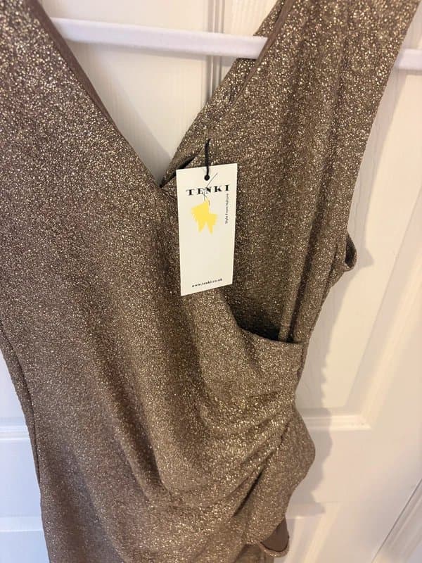 Tenki Tenki Gold Glitter Ruched Midi Dress – UK 8 – BNWT