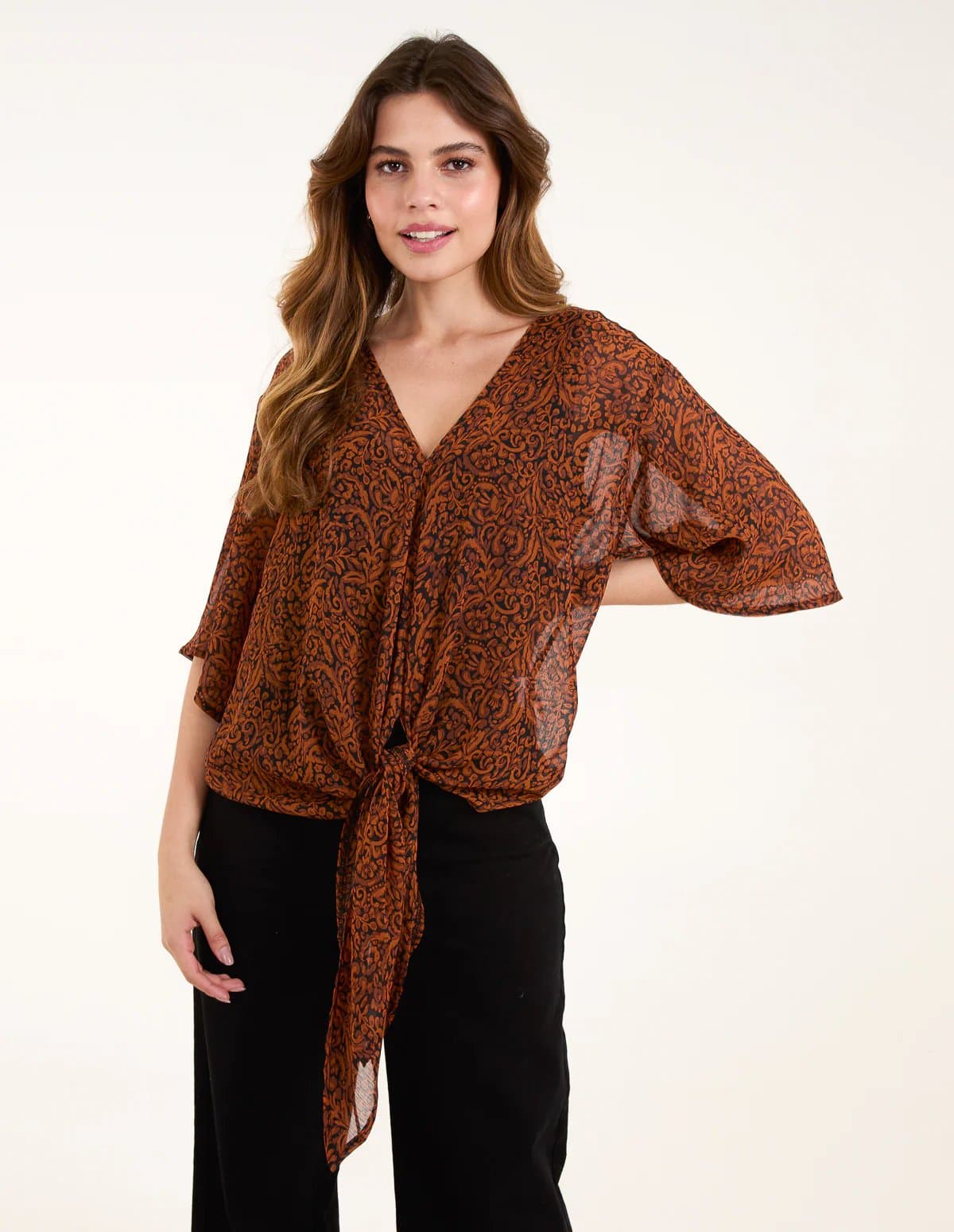 Blue Vanilla Tie Front V Neck Blouse