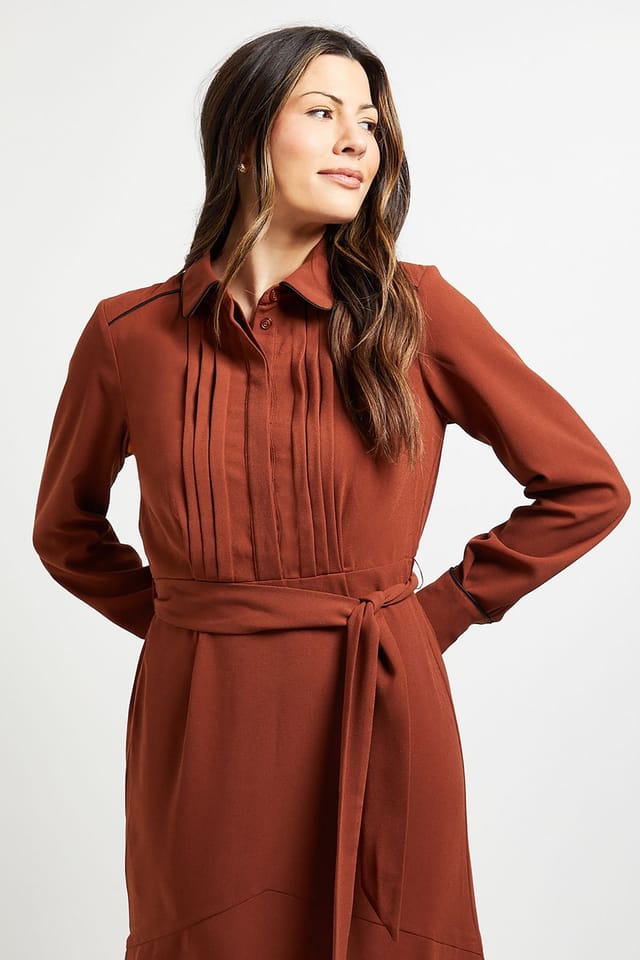 Wallis Wallis Women's Pintuck Detail Midi Shirt Dress in Rust - 2