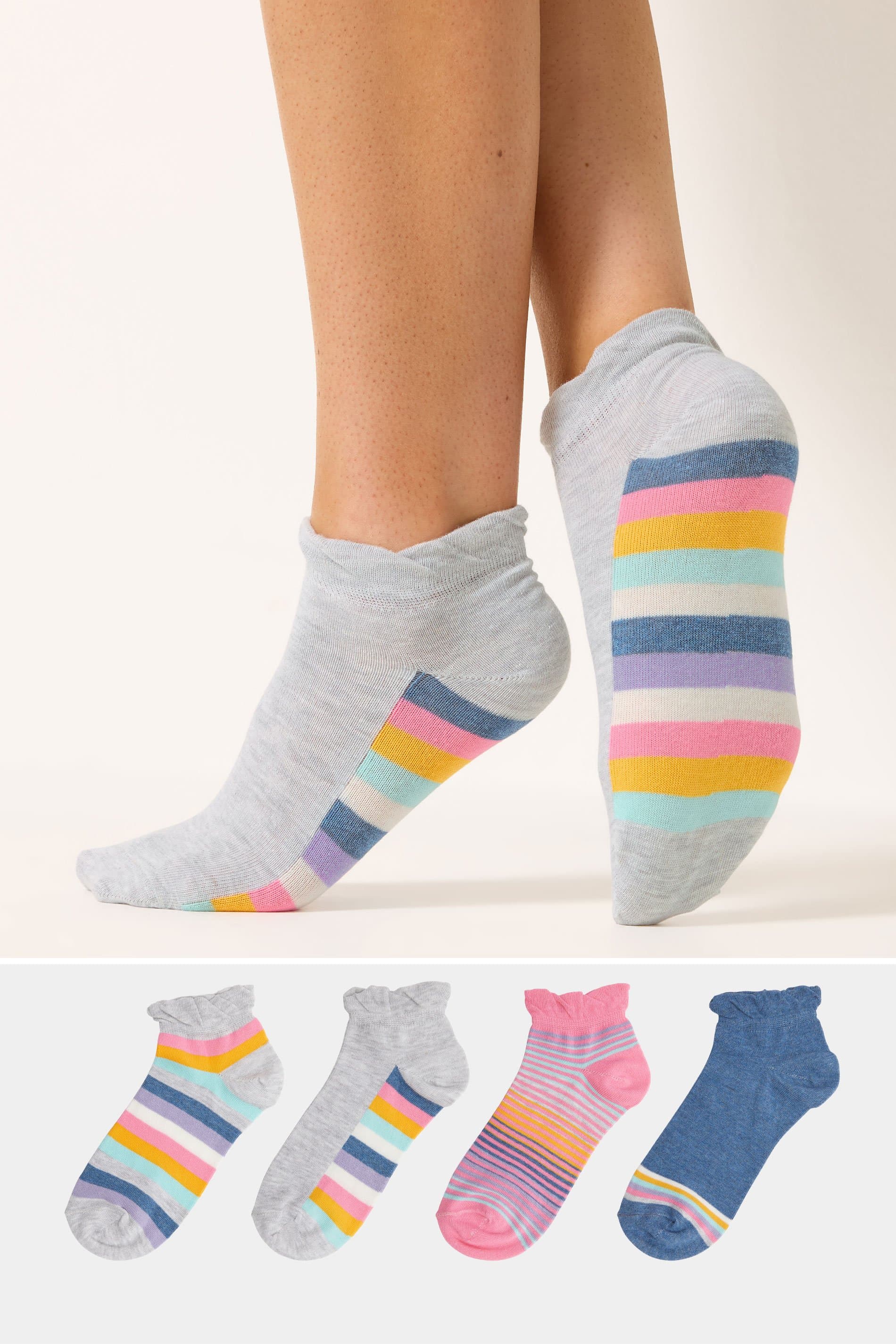 Yours 4 Pack Plus Size Pink Stripe Trainer Liner Socks
