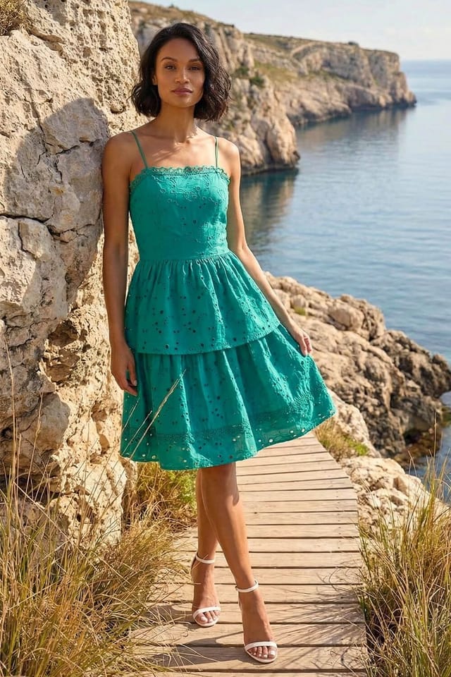Dusk Dusk Women's Tiered Broderie Dress in Green - 2