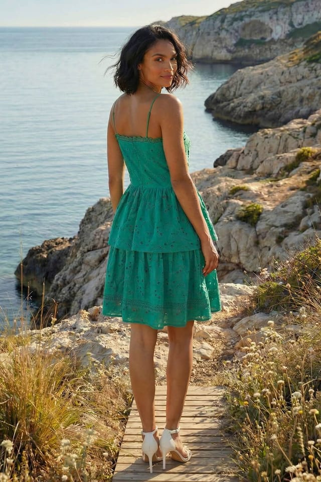 Dusk Dusk Women's Tiered Broderie Dress in Green - 3