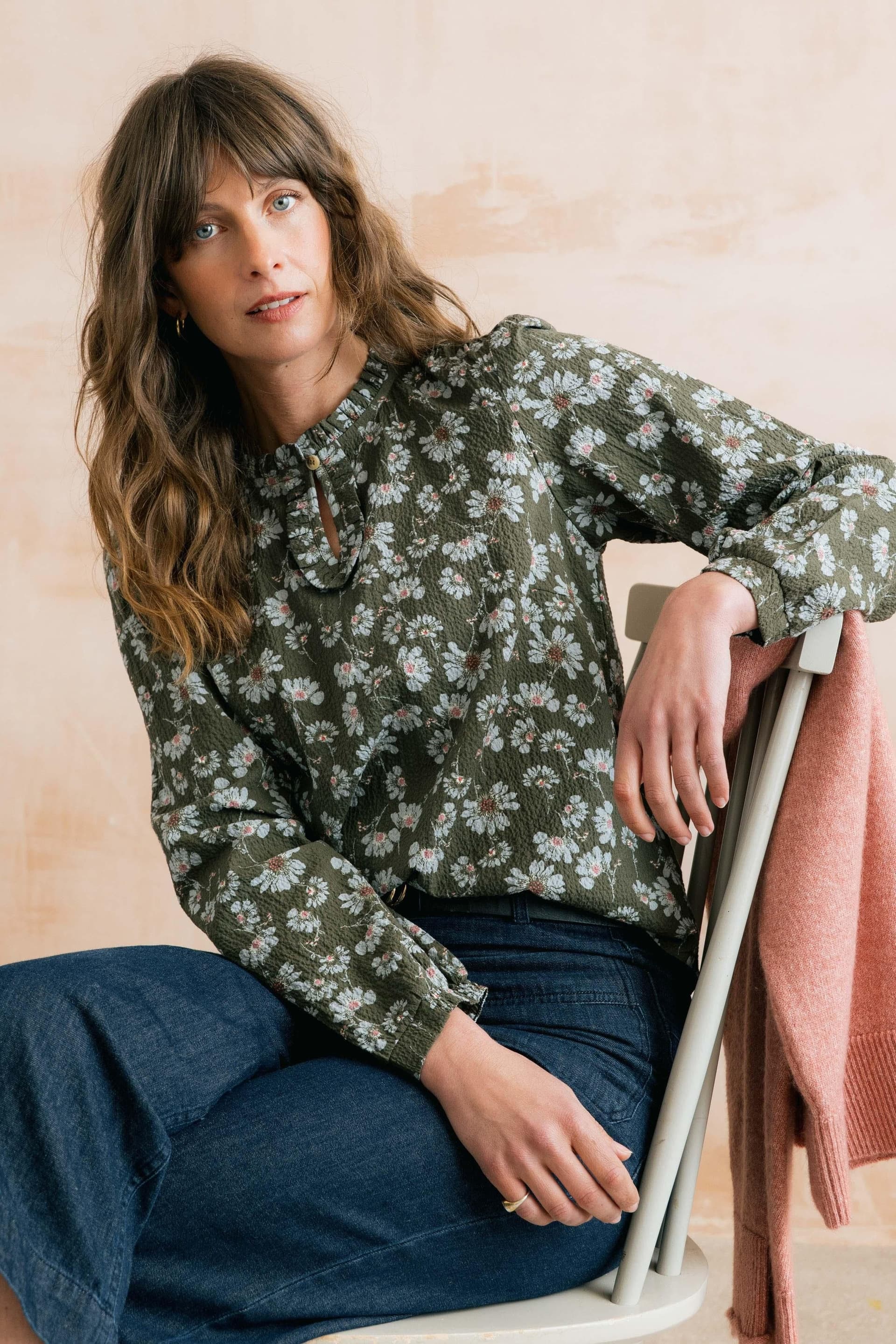 Lily & Me Lily & Me Women's Emily Textured Tencel Long Sleeve Blouse with Keyhole Neckline in Olive
